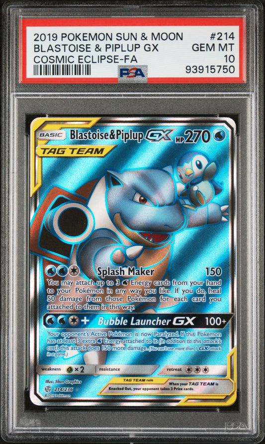 2019 Pokemon Sun and Moon Cosmic Eclipse Blastoise & Piplup Gx #214 - PSA Graded - Mr.Ru's TCG