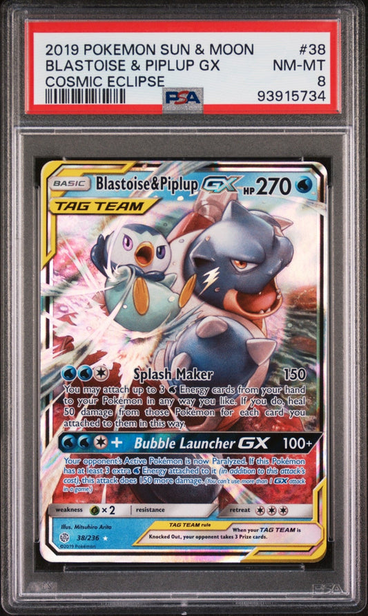 2019 Pokemon Sun and Moon Cosmic Eclipse Blastoise & Piplup Gx #38 - PSA Graded - Mr.Ru's TCG