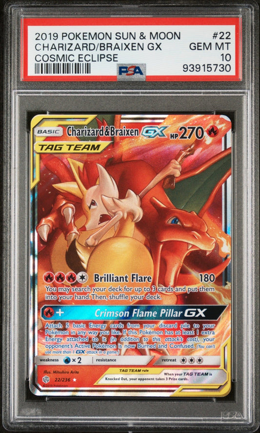 2019 Pokemon Sun and Moon Cosmic Eclipse Charizard & Braixen Gx #22 - PSA Graded - Mr.Ru's TCG