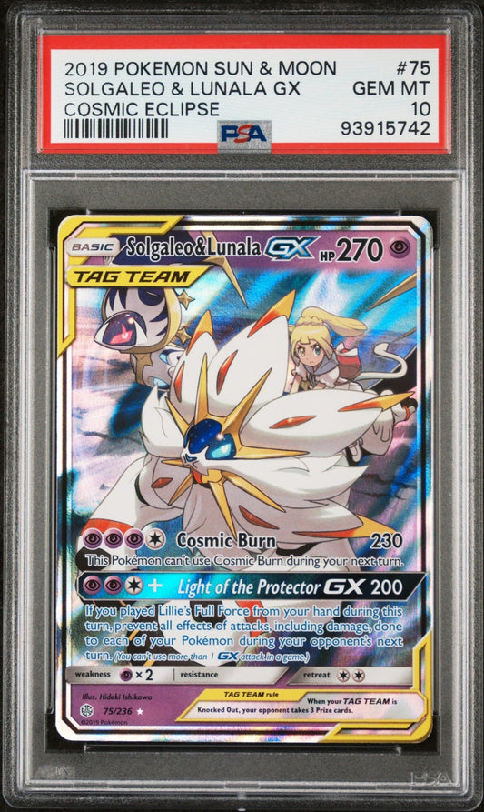 2019 Pokemon Sun and Moon Cosmic Eclipse Solgaleo & Lunala Gx #75 - PSA Graded - Mr.Ru's TCG