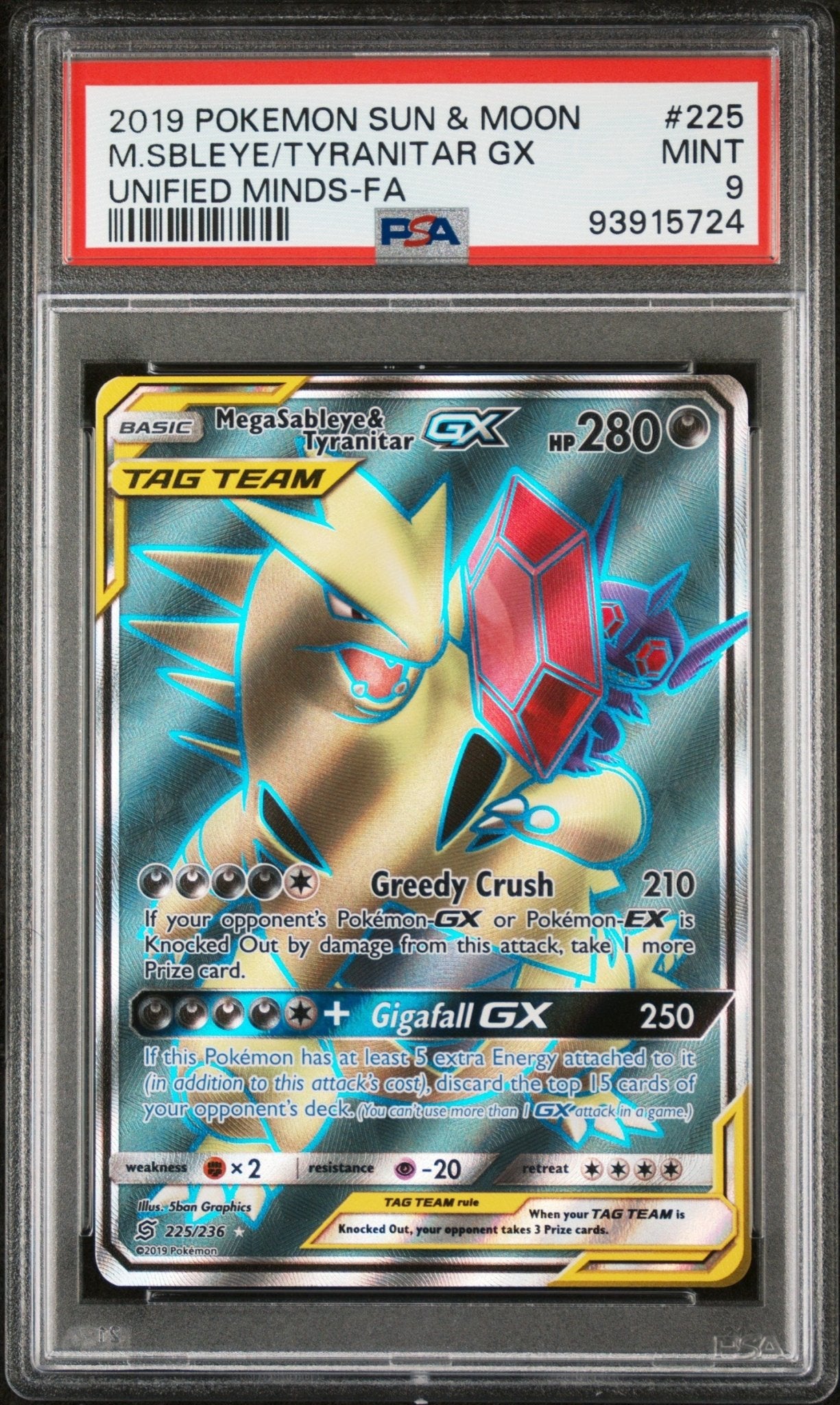 2019 Pokemon Sun and Moon Unified Minds Mega Sableye & Tyranitar tag Team Gx #225 - PSA Graded - Mr.Ru's TCG