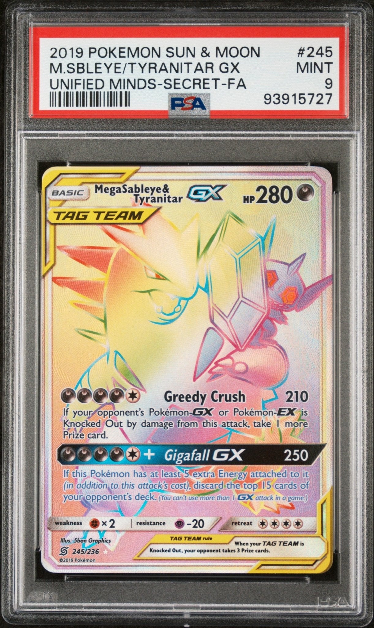 2019 Pokemon Sun and Moon Unified Minds Mega Sableye & Tyranitar tag Team Gx #245 - PSA Graded - Mr.Ru's TCG