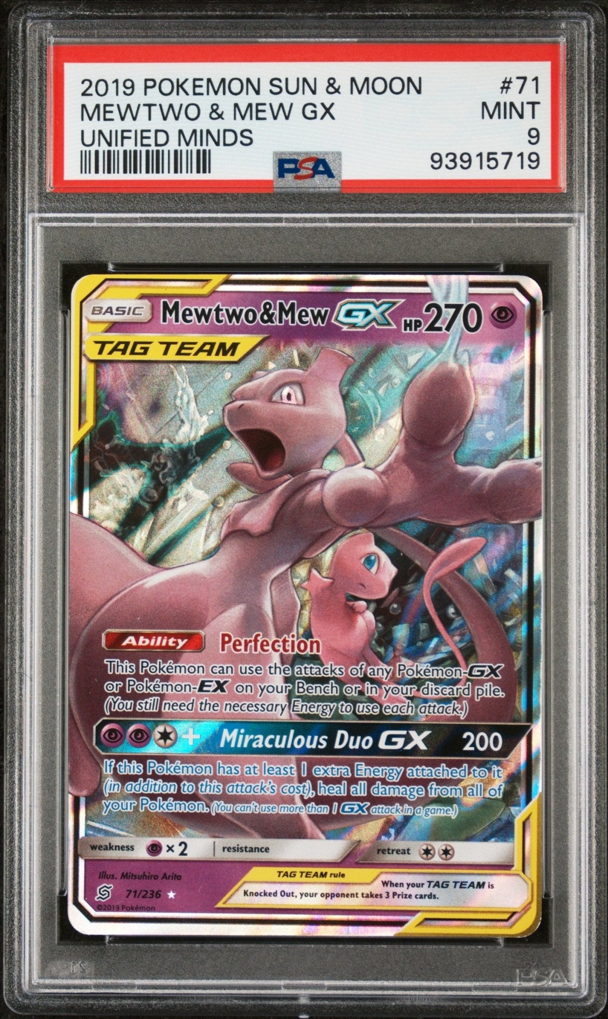 2019 Pokemon Sun and Moon Unified Minds Mewtwo & Mew tag Team Gx #71 - PSA Graded - Mr.Ru's TCG