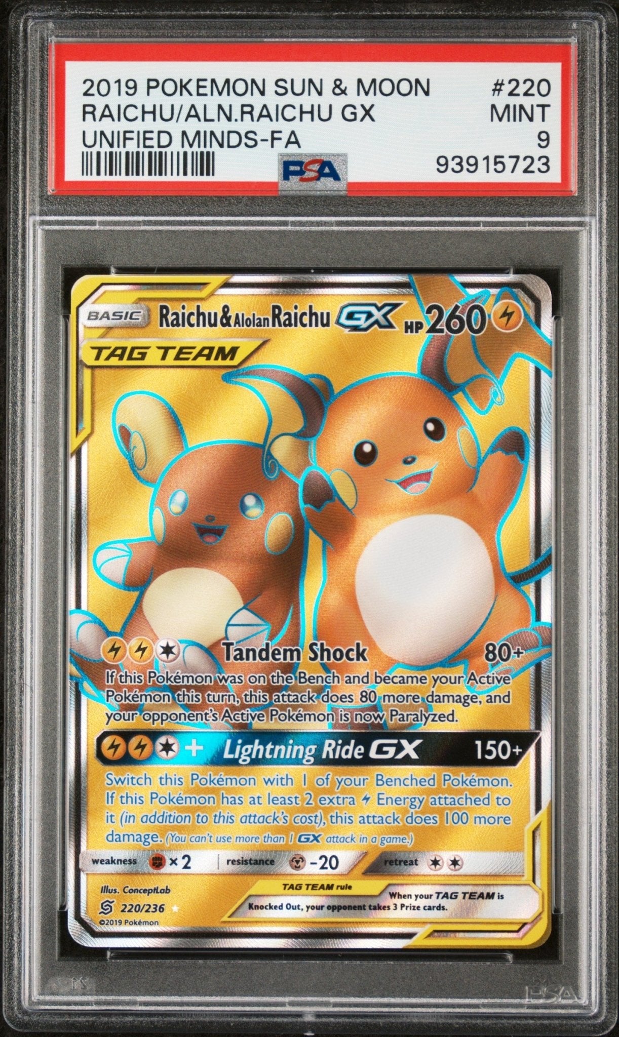 2019 Pokemon Sun and Moon Unified Minds Raichu & Alolan Raichu tag Team Gx #220 - PSA Graded - Mr.Ru's TCG