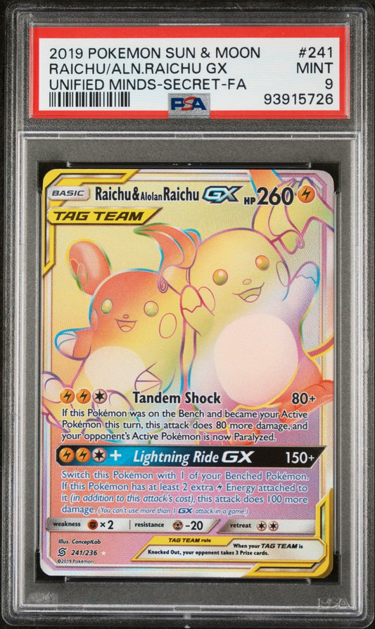 2019 Pokemon Sun and Moon Unified Minds Raichu & Alolan Raichu tag Team Gx #241 - PSA Graded - Mr.Ru's TCG