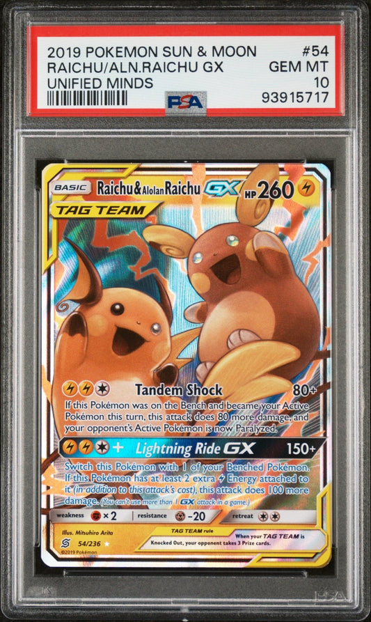 2019 Pokemon Sun and Moon Unified Minds Raichu & Alolan Raichu tag Team Gx #54 - PSA Graded - Mr.Ru's TCG