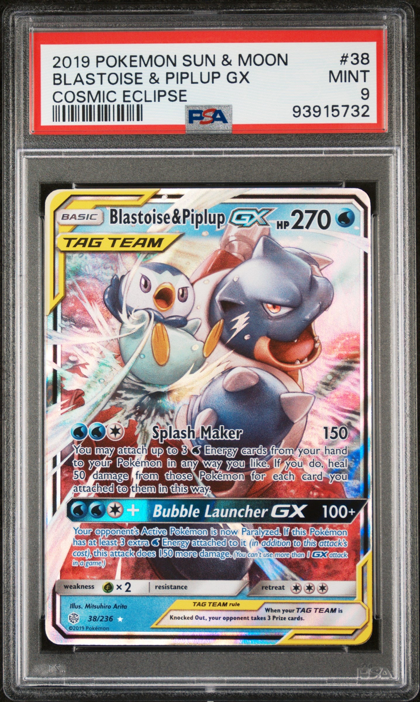 2019 Pokemon Sun and Moon Cosmic Eclipse Blastoise & Piplup Gx #38 - PSA Graded